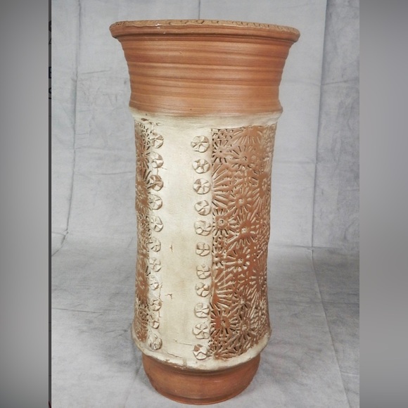 Vintage 1966 Hand Thrown Appliqued Clay Umbrella Stand Mid Century Modern